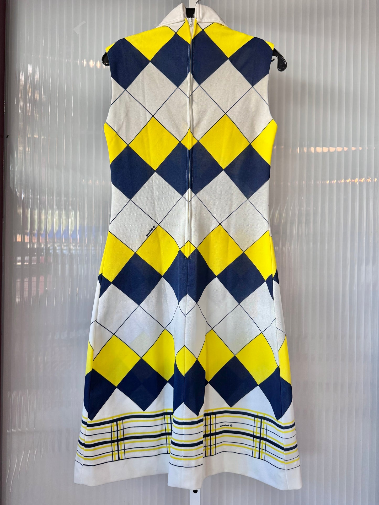 1970s Yellow Blue & White Tiled Dress