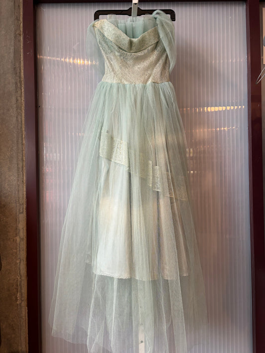 1950s Mint Blue Lace Net Floor Length Gown