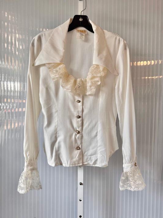 1980s Off White Blouse with Lace Collar + Cuffs