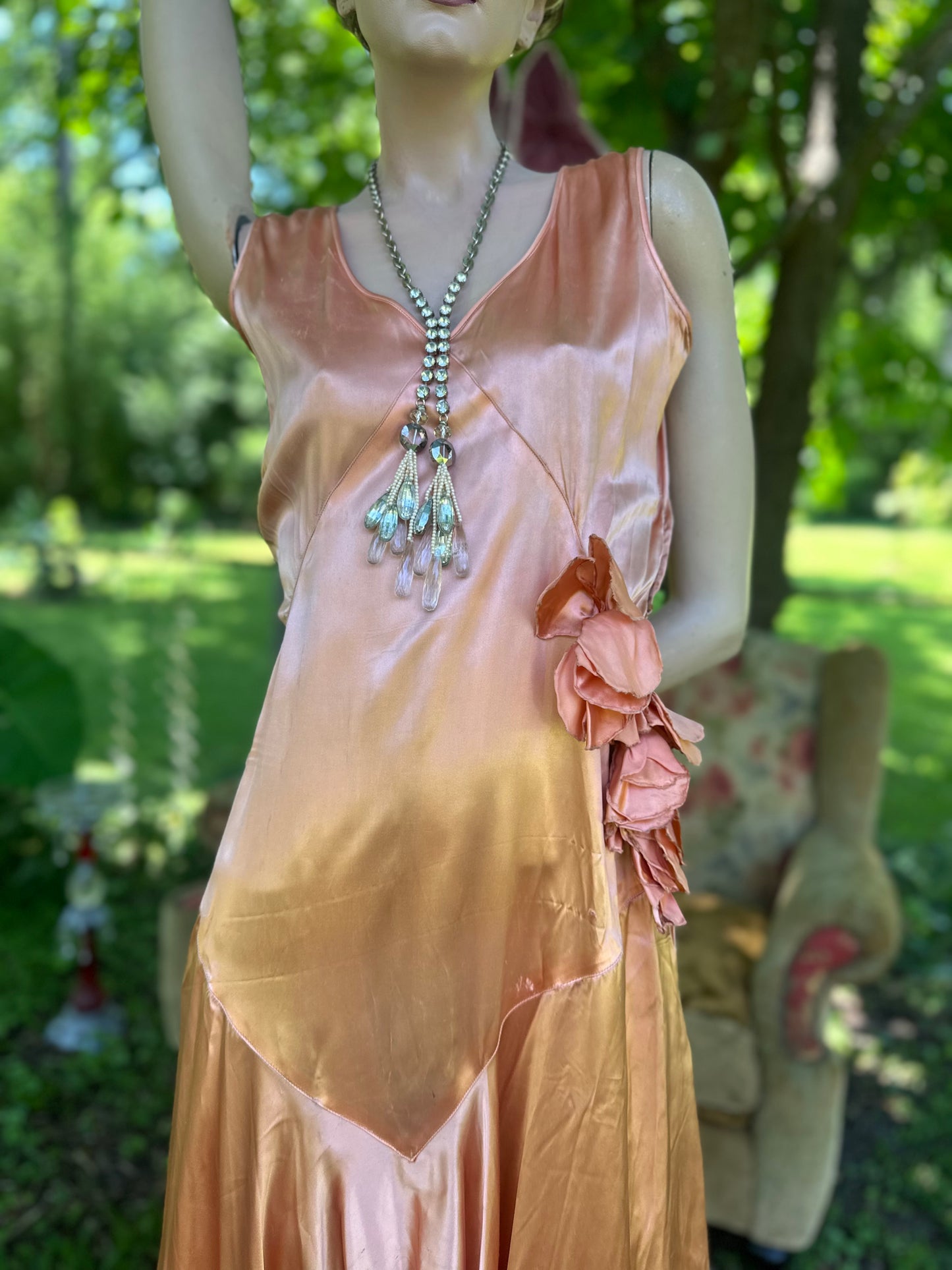 Antique 1920’s Peach Satin Drop-Waist Slip Gown