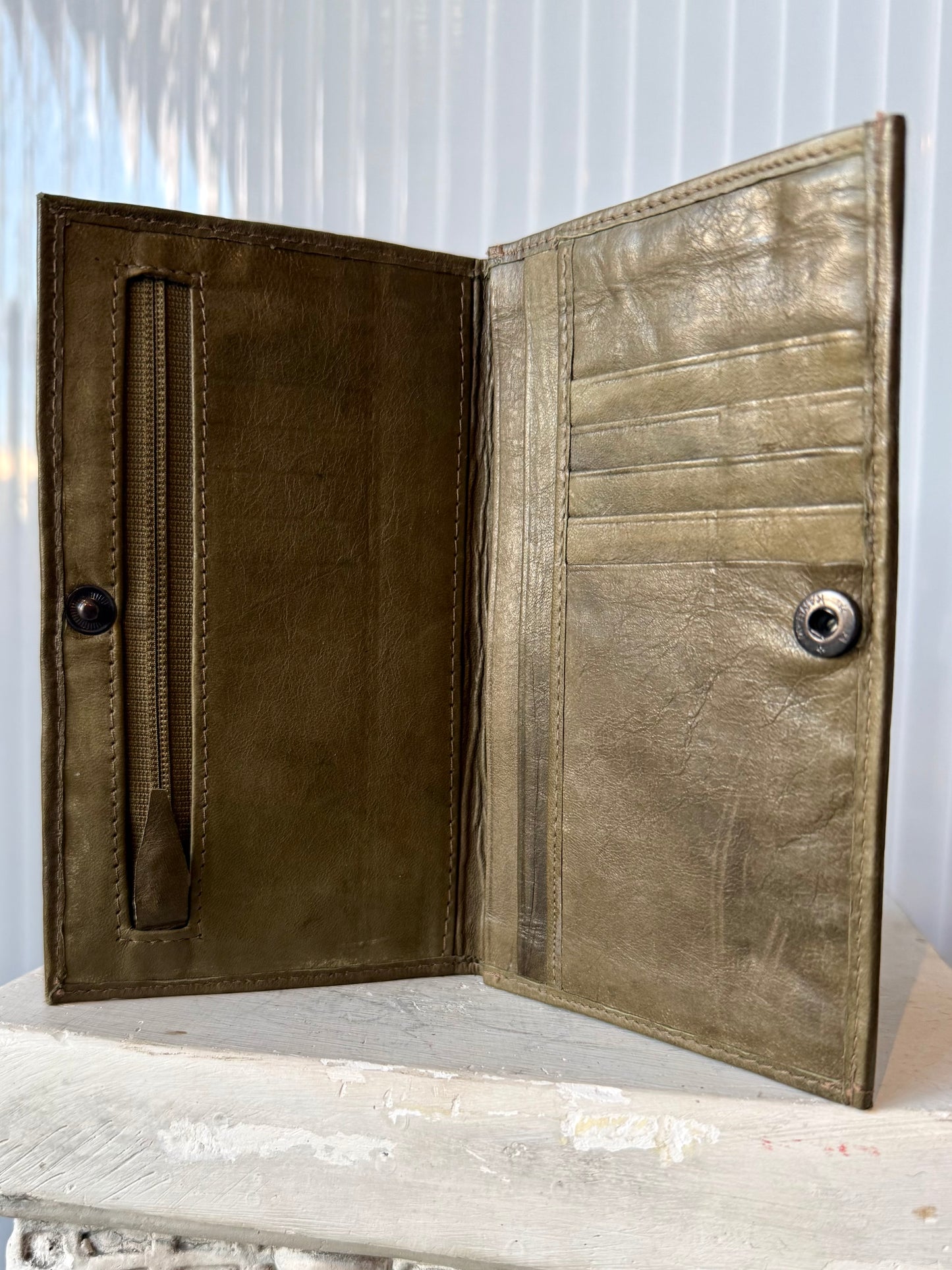 Olive Green Leather Floral Bi Fold Snap Wallet