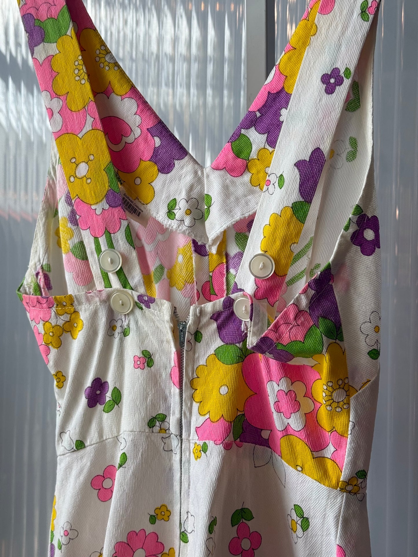 1970s White Halter Dress w/ Bright Floral Print