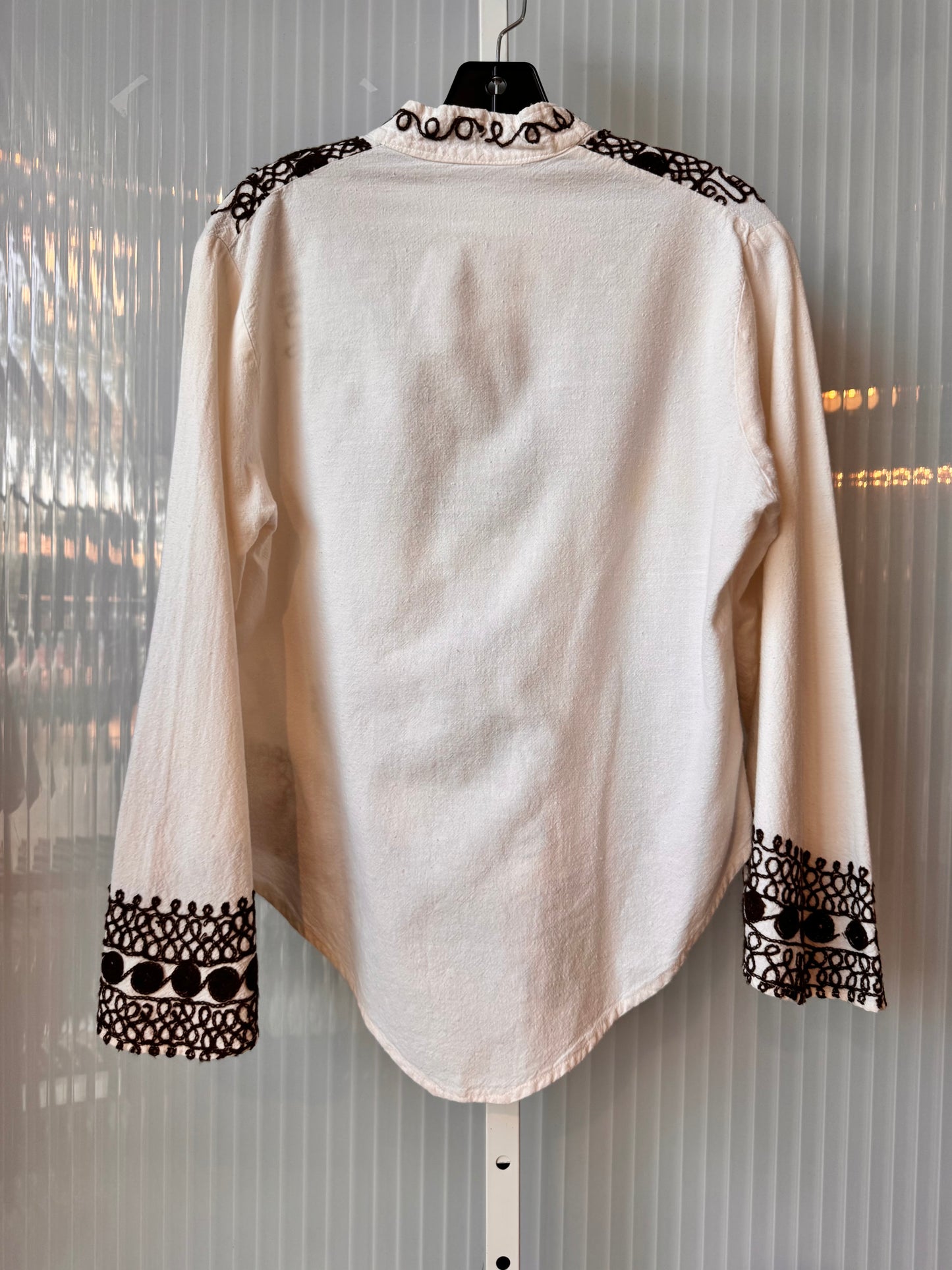 1970s White Linen Boho Blouse w/ Brown Embroidery
