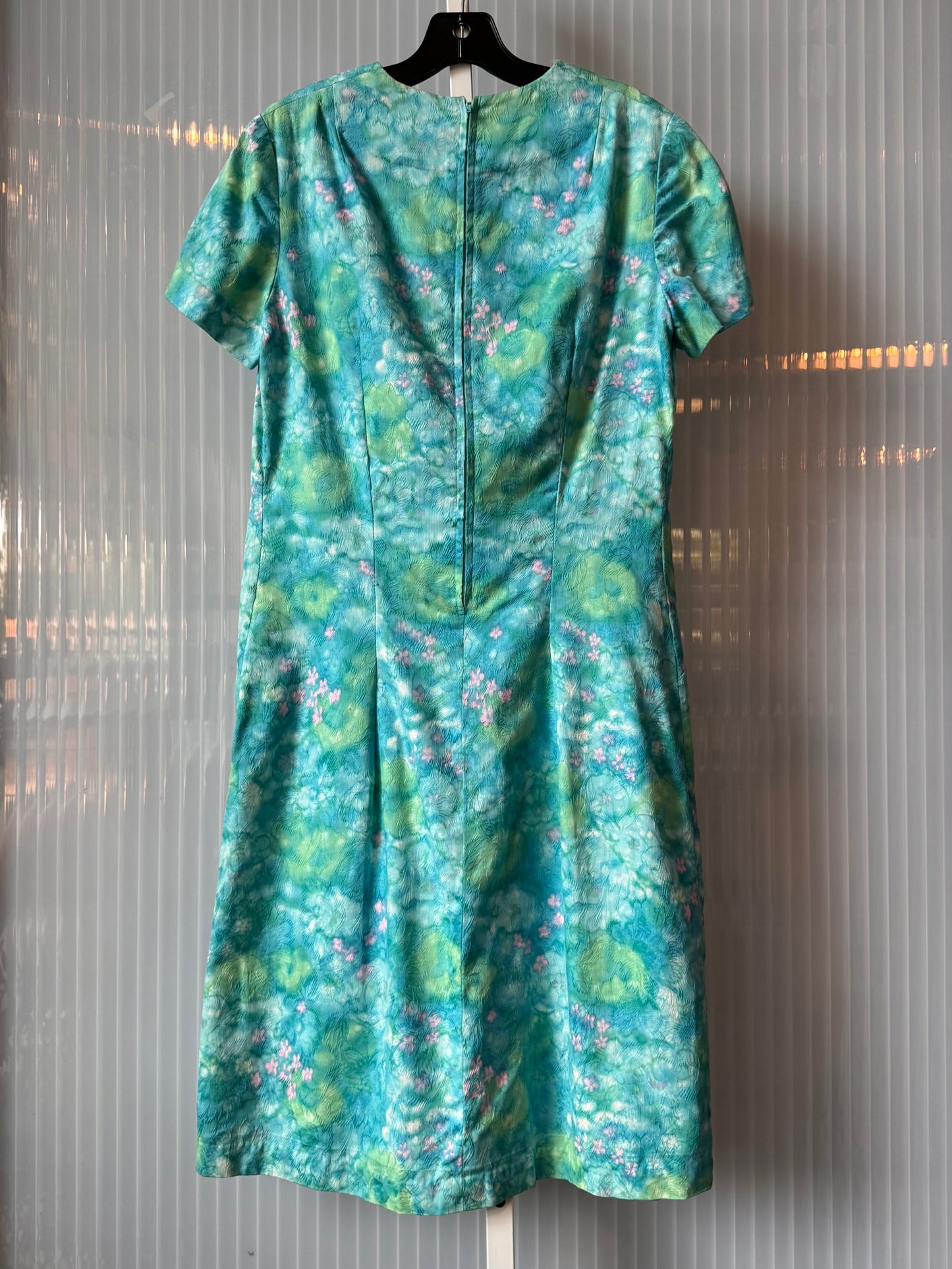 1960s Blue & Green Floral-Watercolor Dress