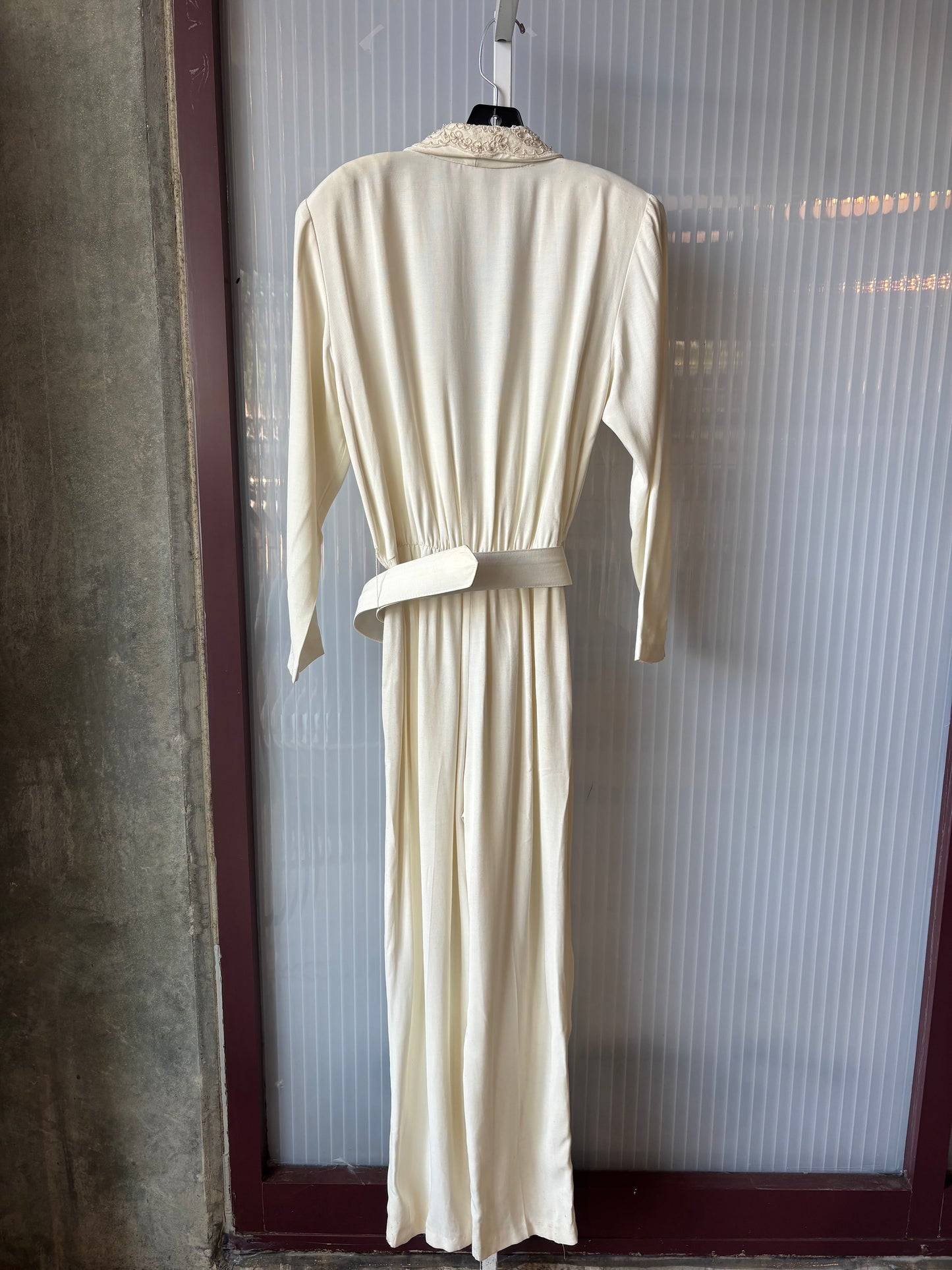 1980s Ivory Jumpsuit w/ Beaded Oversized Lapel