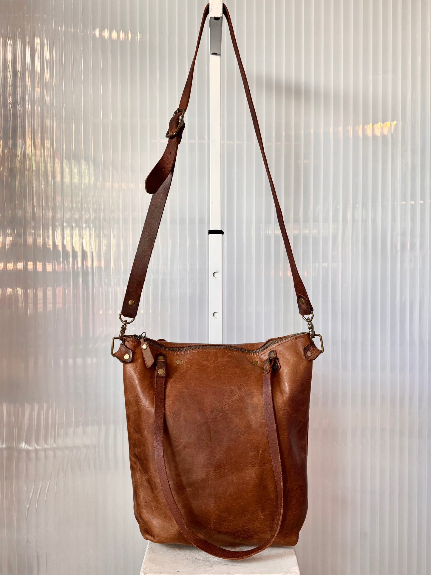 Brown Leather Crossbody Tote Bag