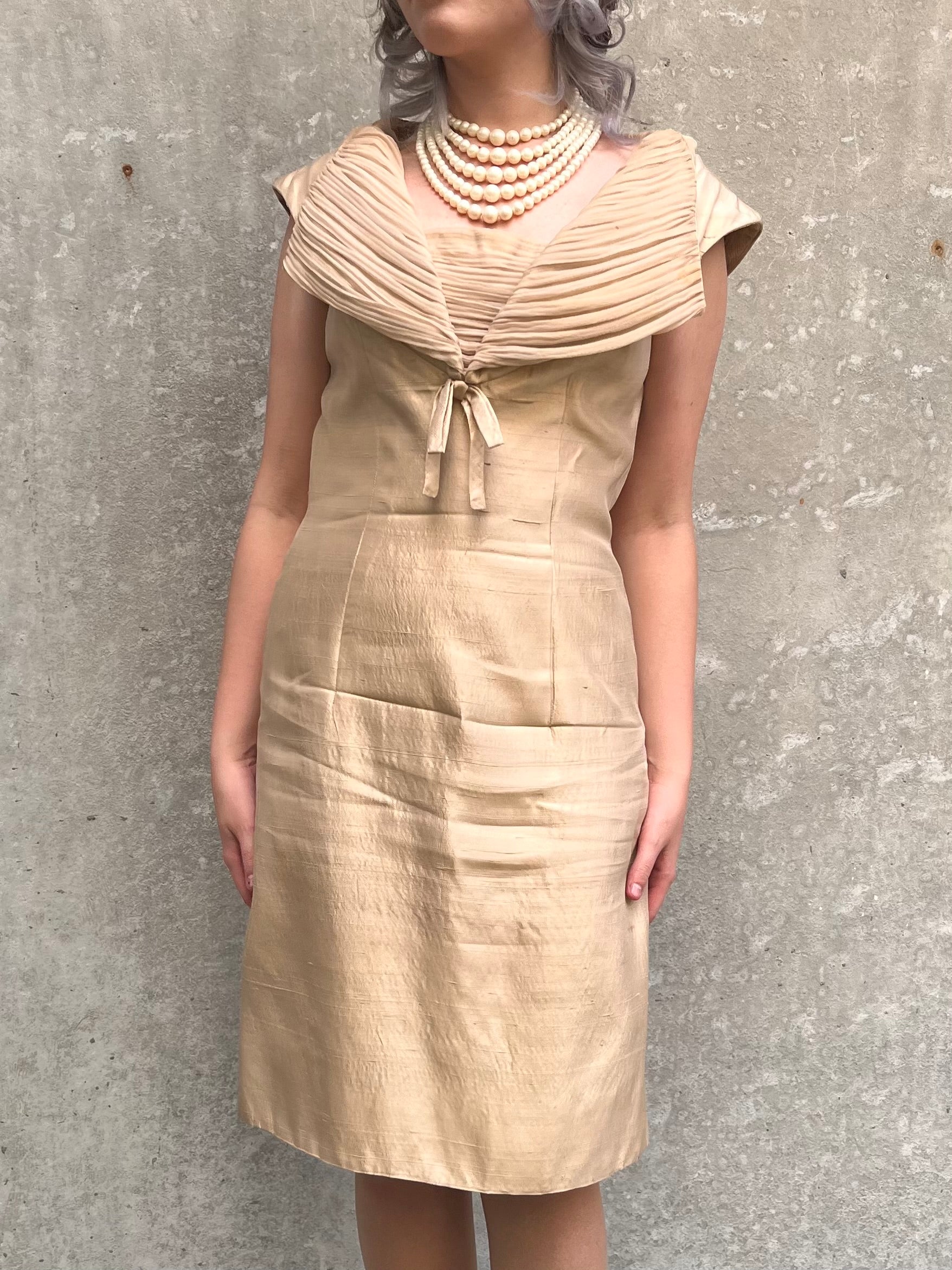 1950s / 1960s Champagne Silk Cocktail Dress The Vintage Vortex 1950s / 1960s Champagne Silk Cocktail Dress The Vintage Vortex