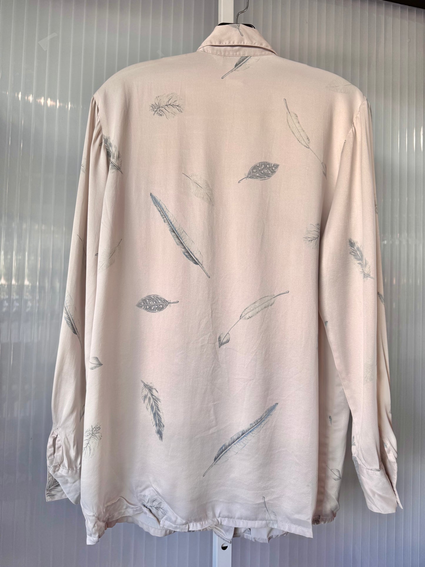 1990s Feather Pattern Taupe Button Up Blouse