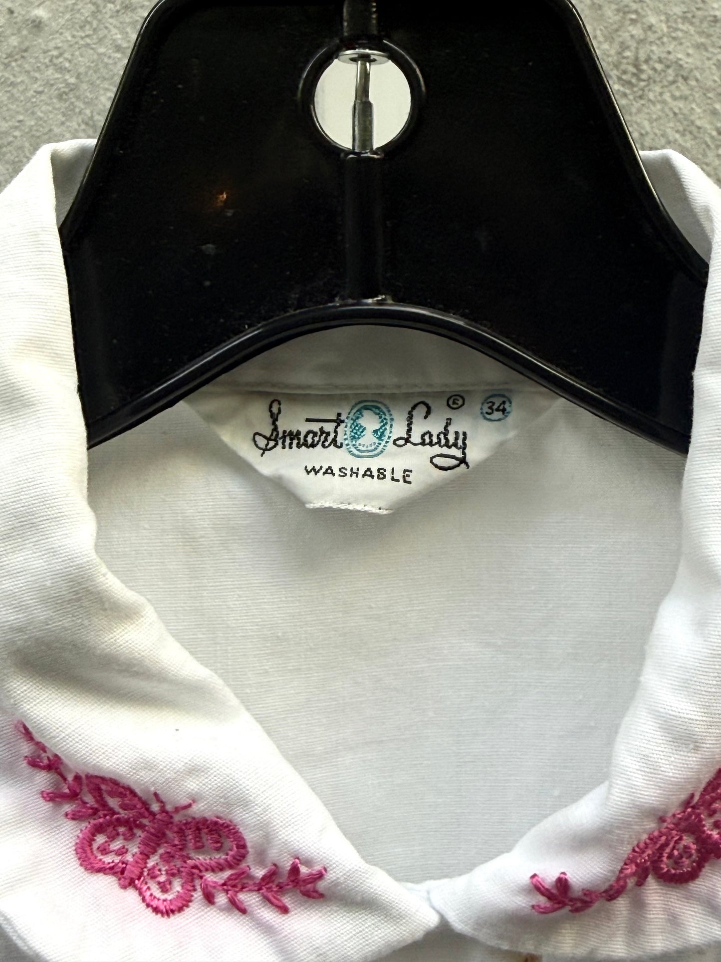 1960s White Collared Shirt w/ Pink Embroidery