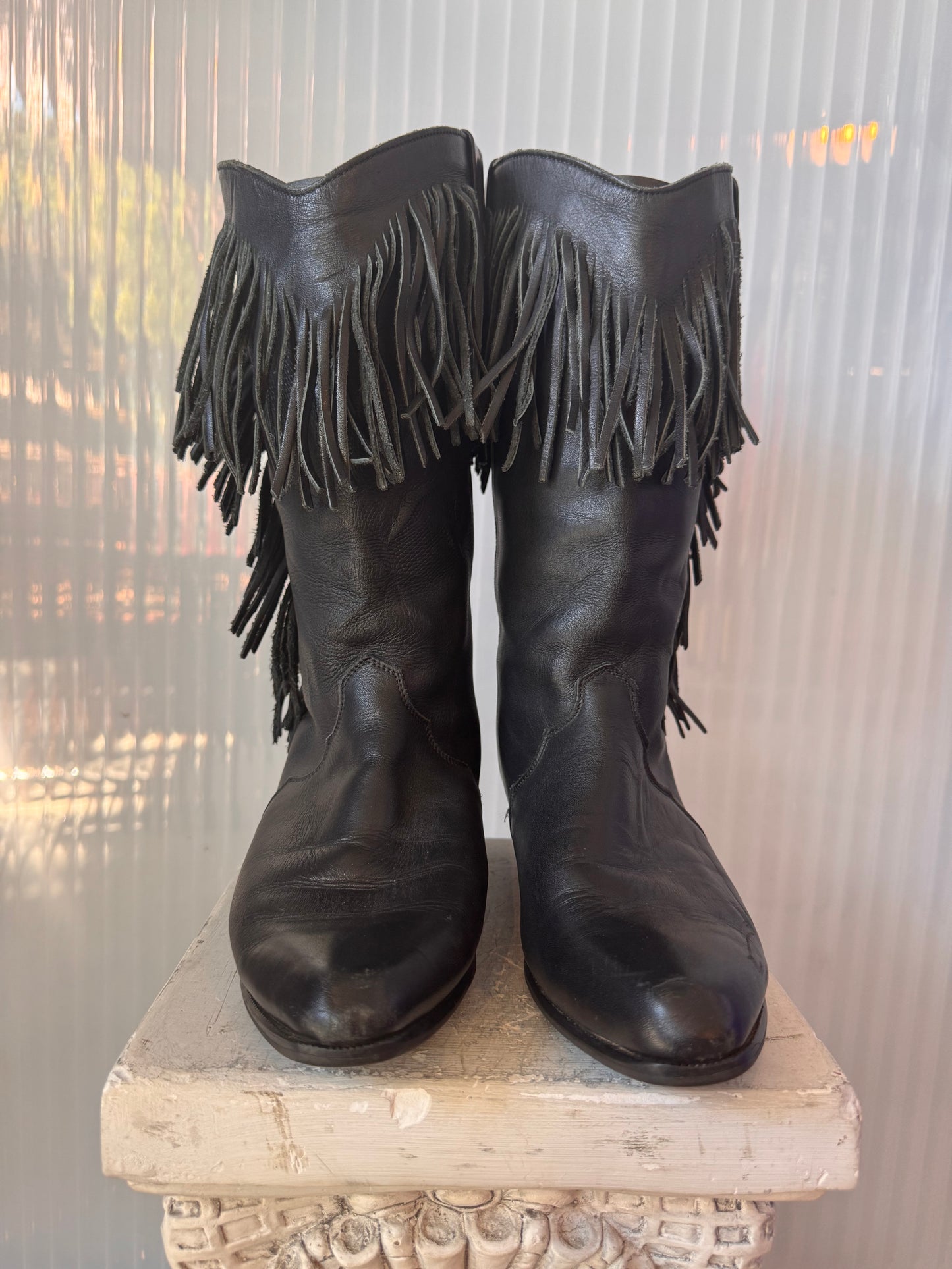 Black Fringe Leather Boots Size 10