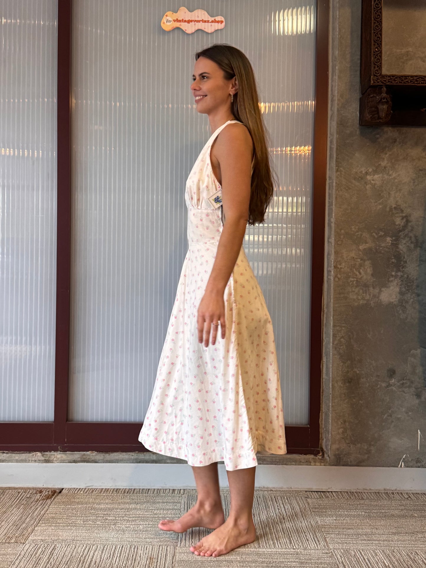1950s White Floral Halter Dress