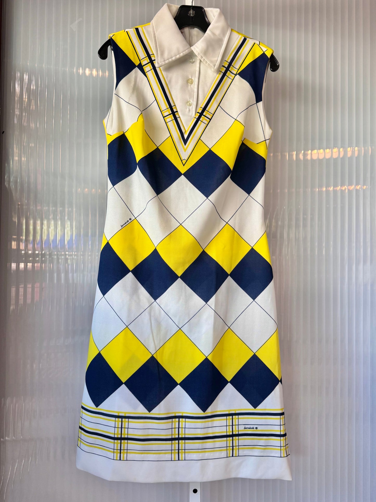 1970s Yellow Blue & White Tiled Dress