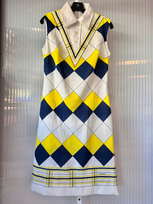 1970s Yellow Blue & White Tiled Dress
