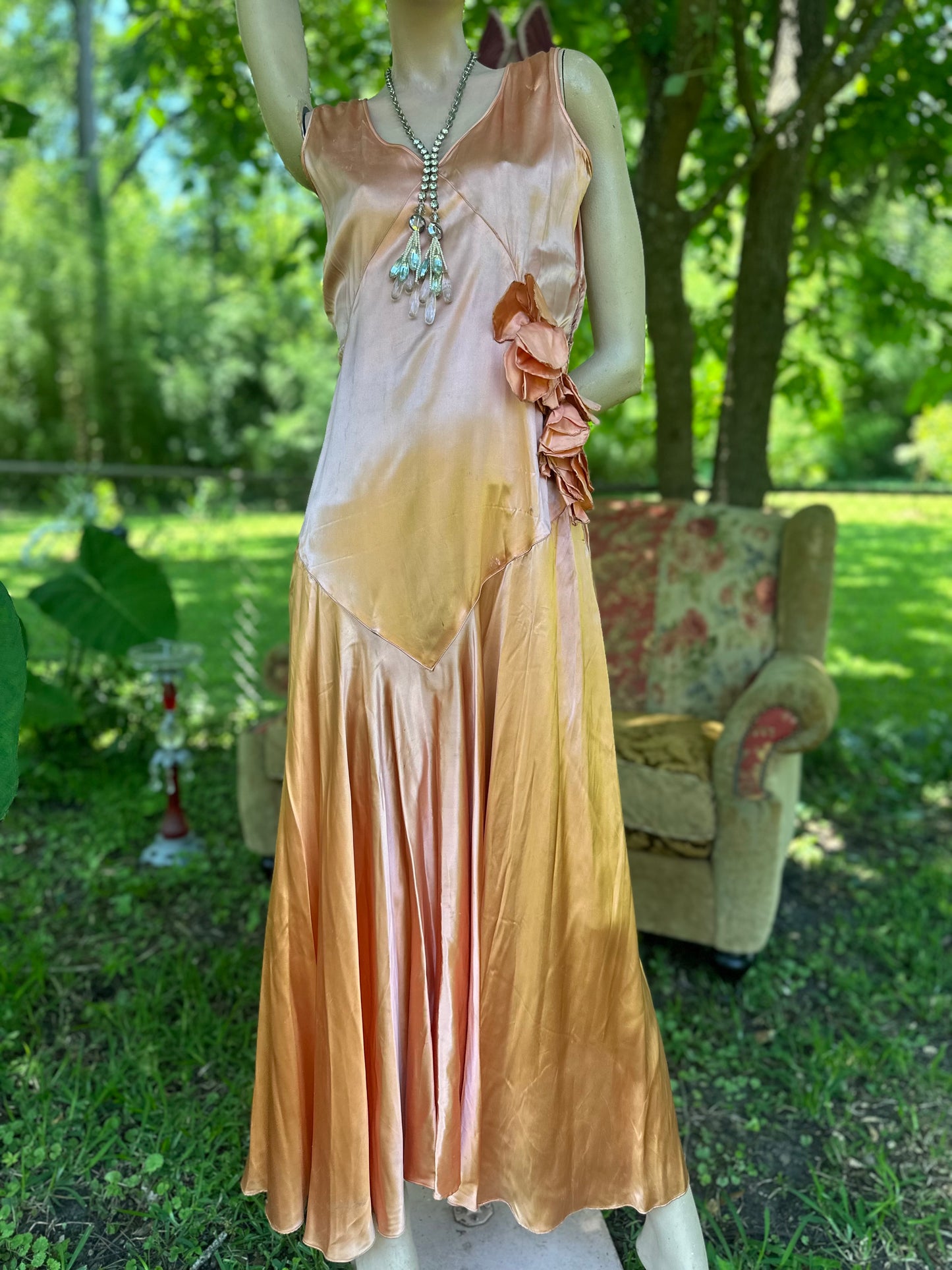 Antique 1920’s Peach Satin Drop-Waist Slip Gown