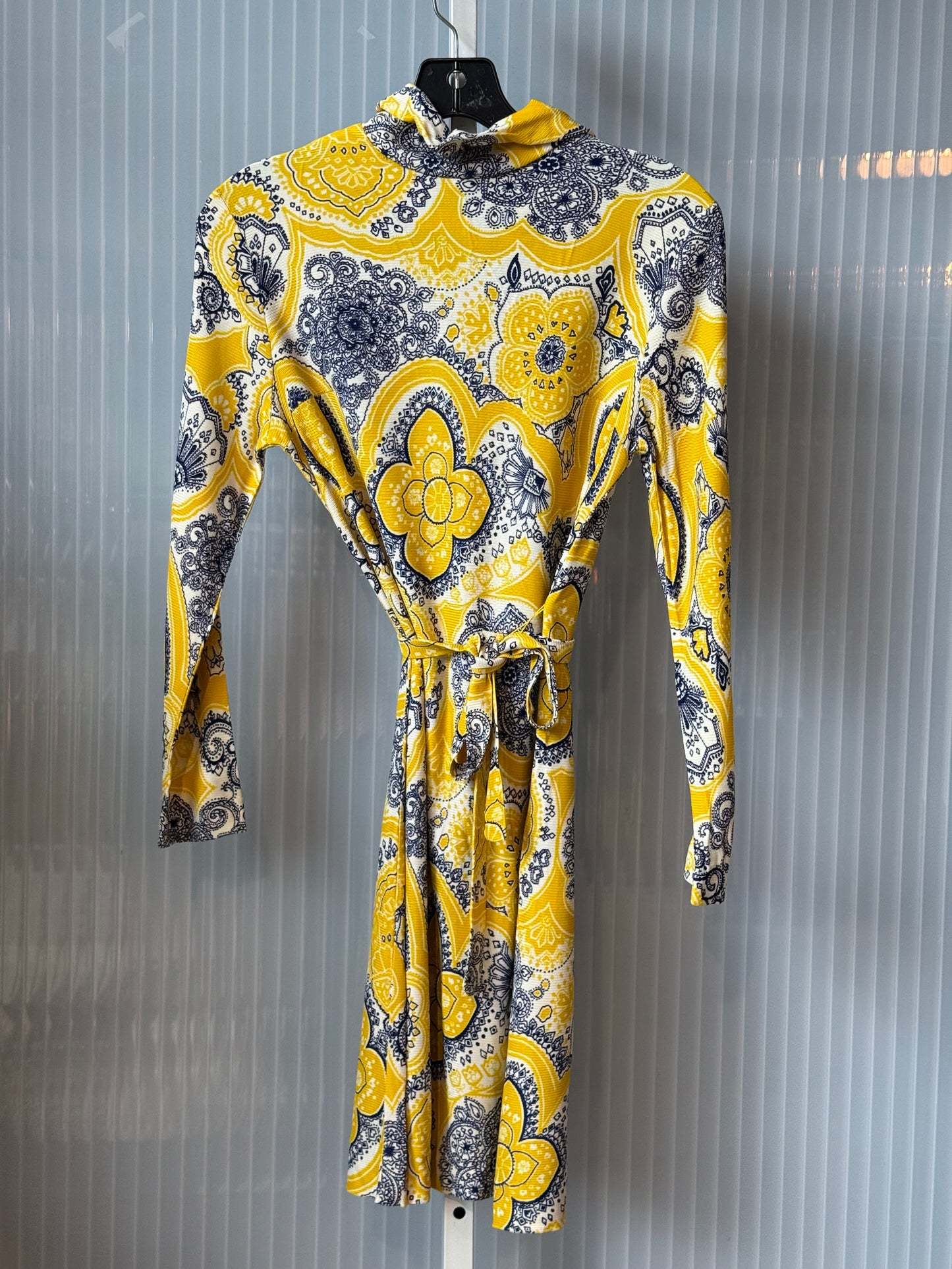 1970s Blue & Yellow Abstract Floral Pattern Turtleneck Mini Dress