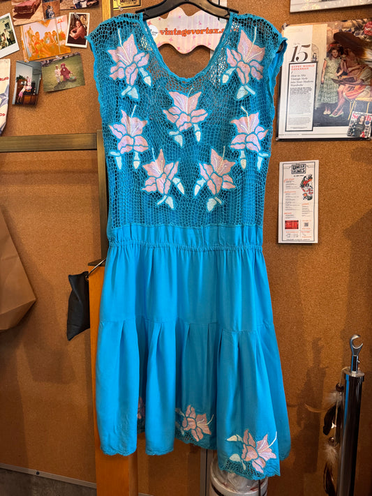 1970s Blue & Pink Floral Embroidered Dress