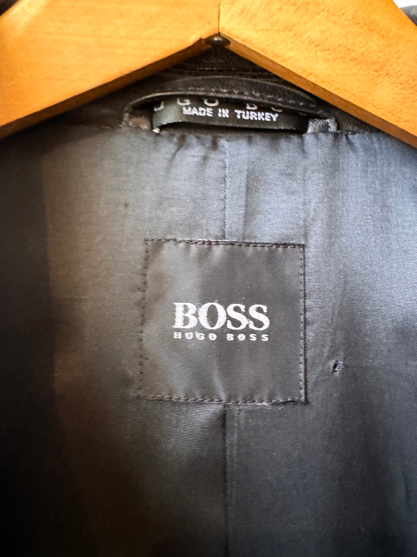 1990s Hugo Boss Black Leather Button Up Jacket
