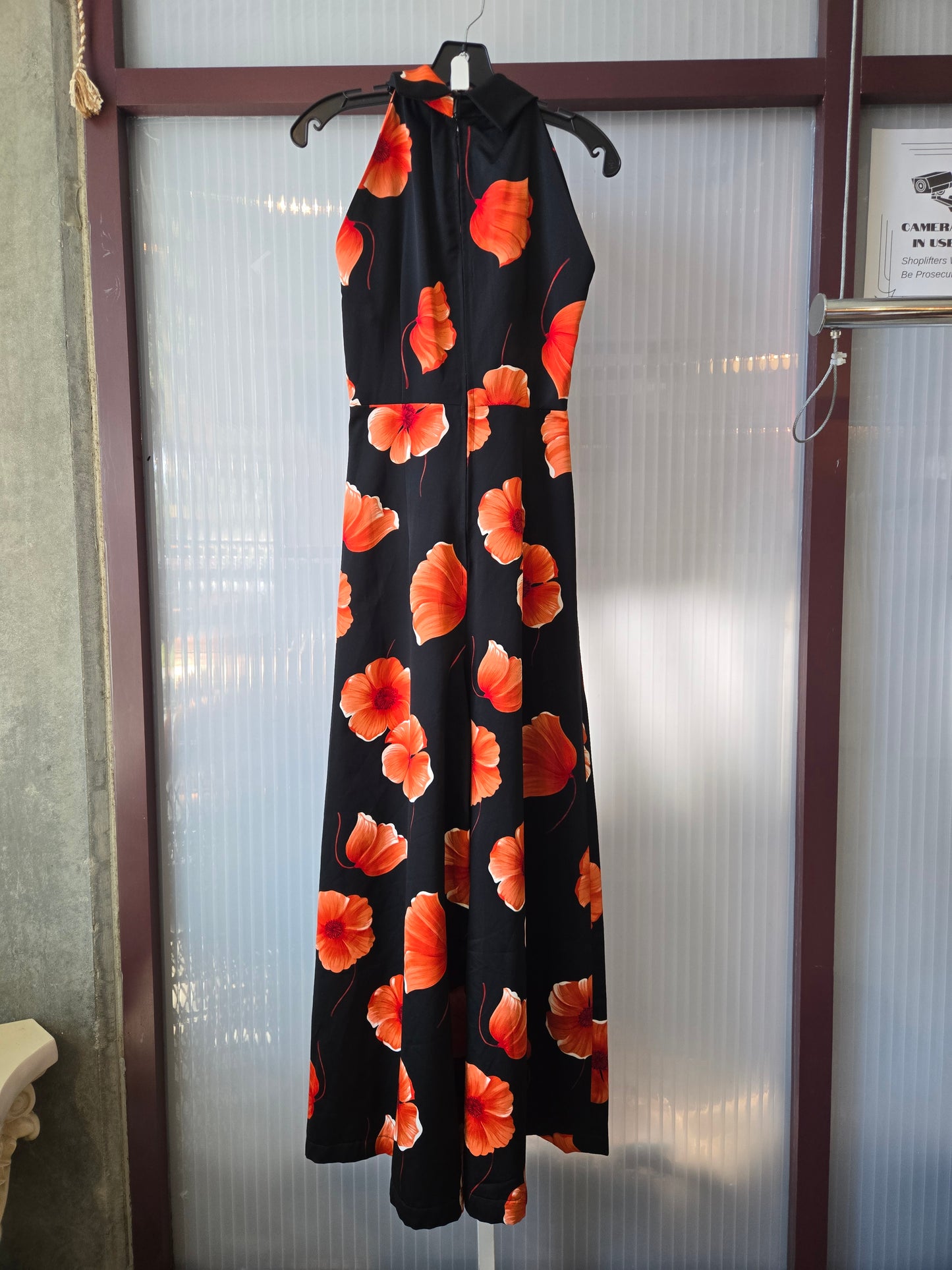 1990s Black Flare Leg Jumpsuit w/ Orange Poppy Print