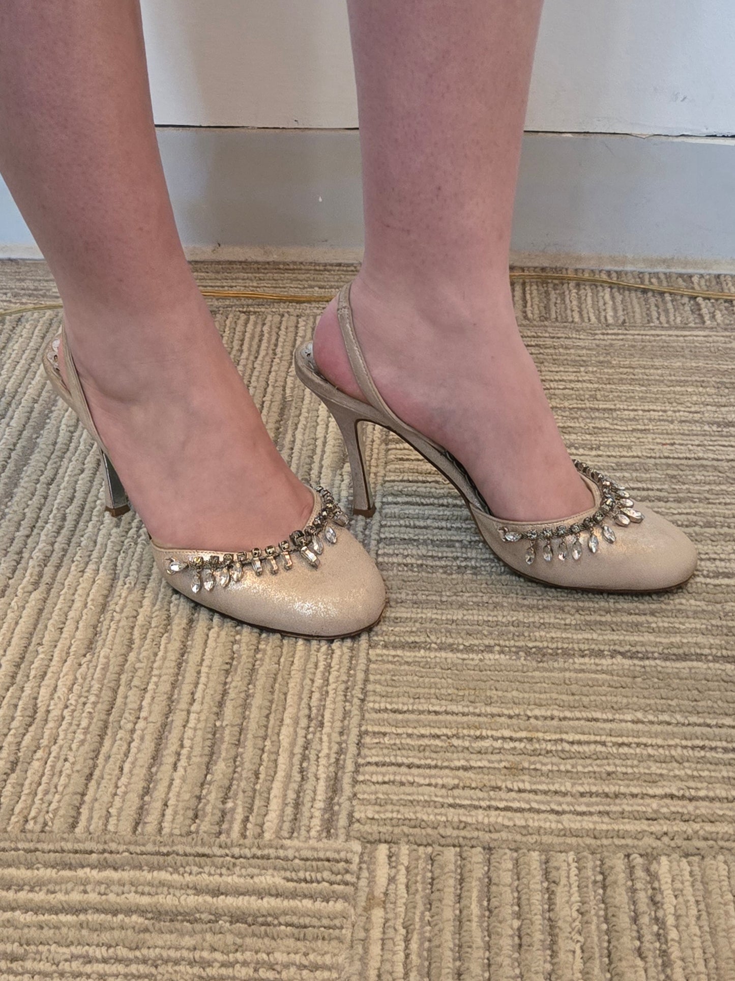 Y2K Juicy Couture Champagne Rhinestone Slingback Heels