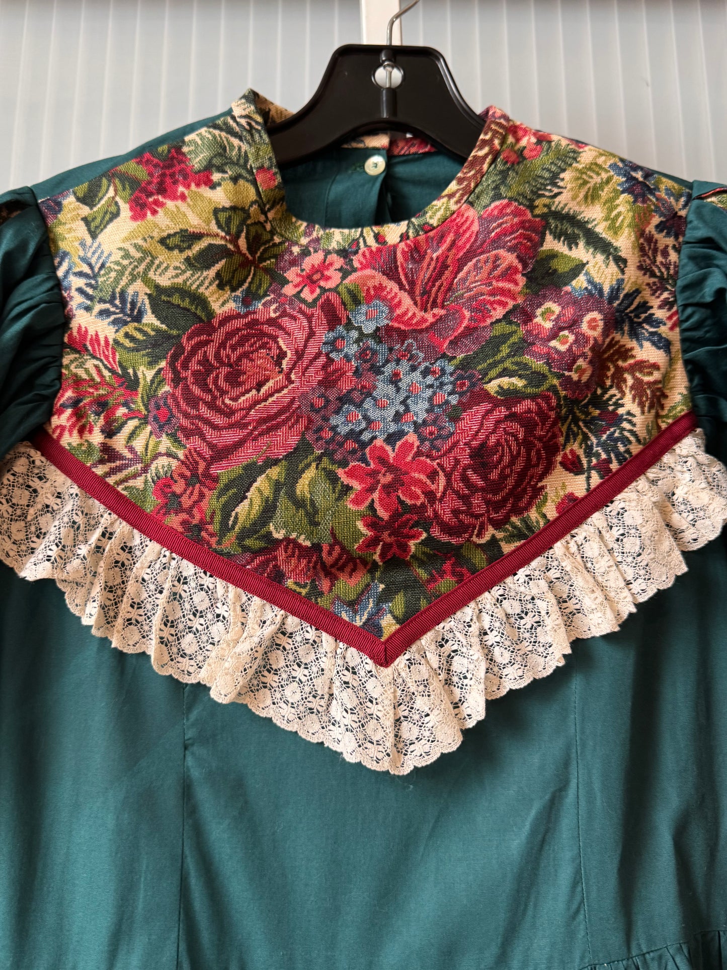 1980s Teal Dress with Floral Tapestry Yoke