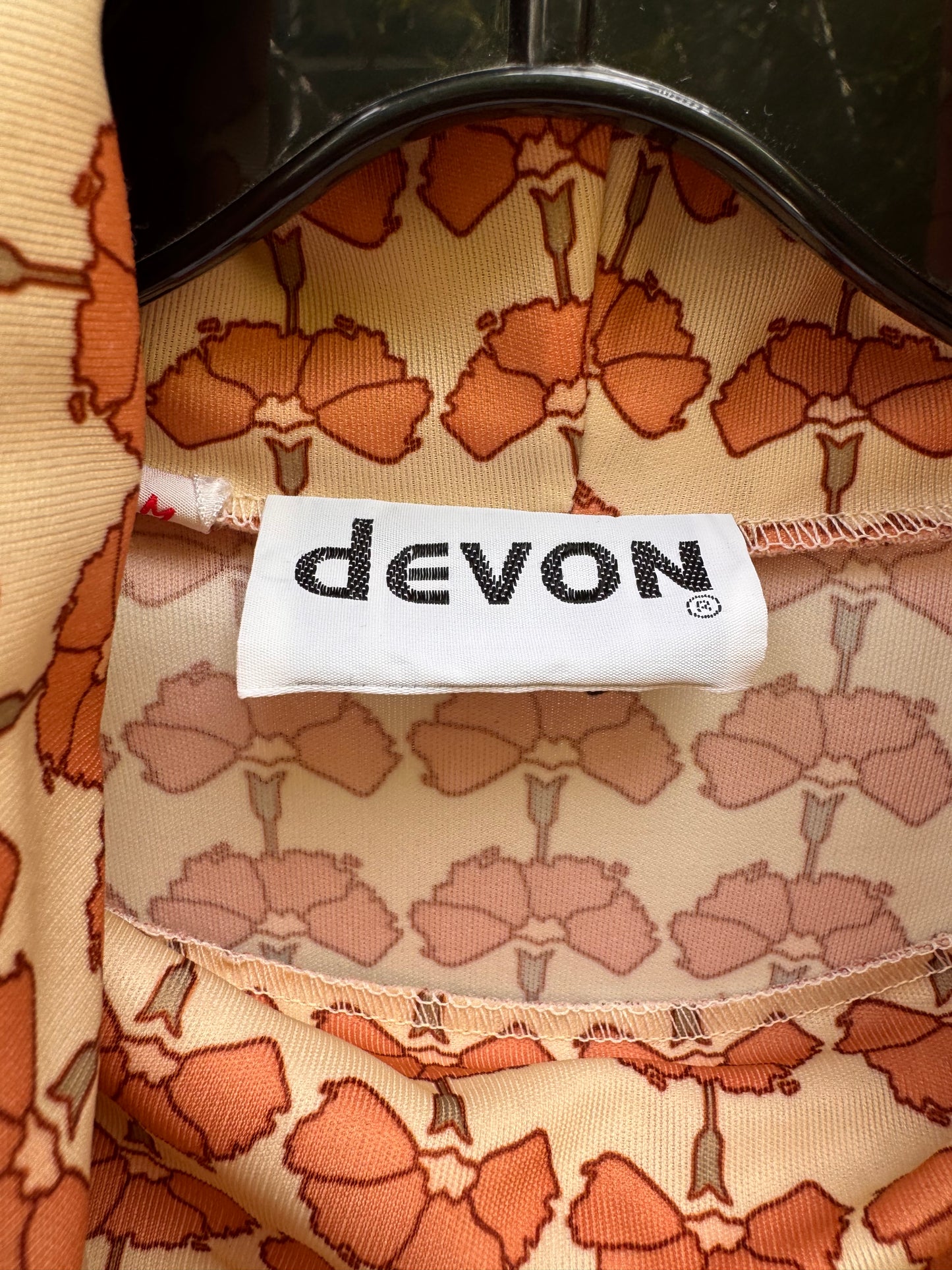 1970s Burnt Umber & Cream Floral Turtleneck Blouse