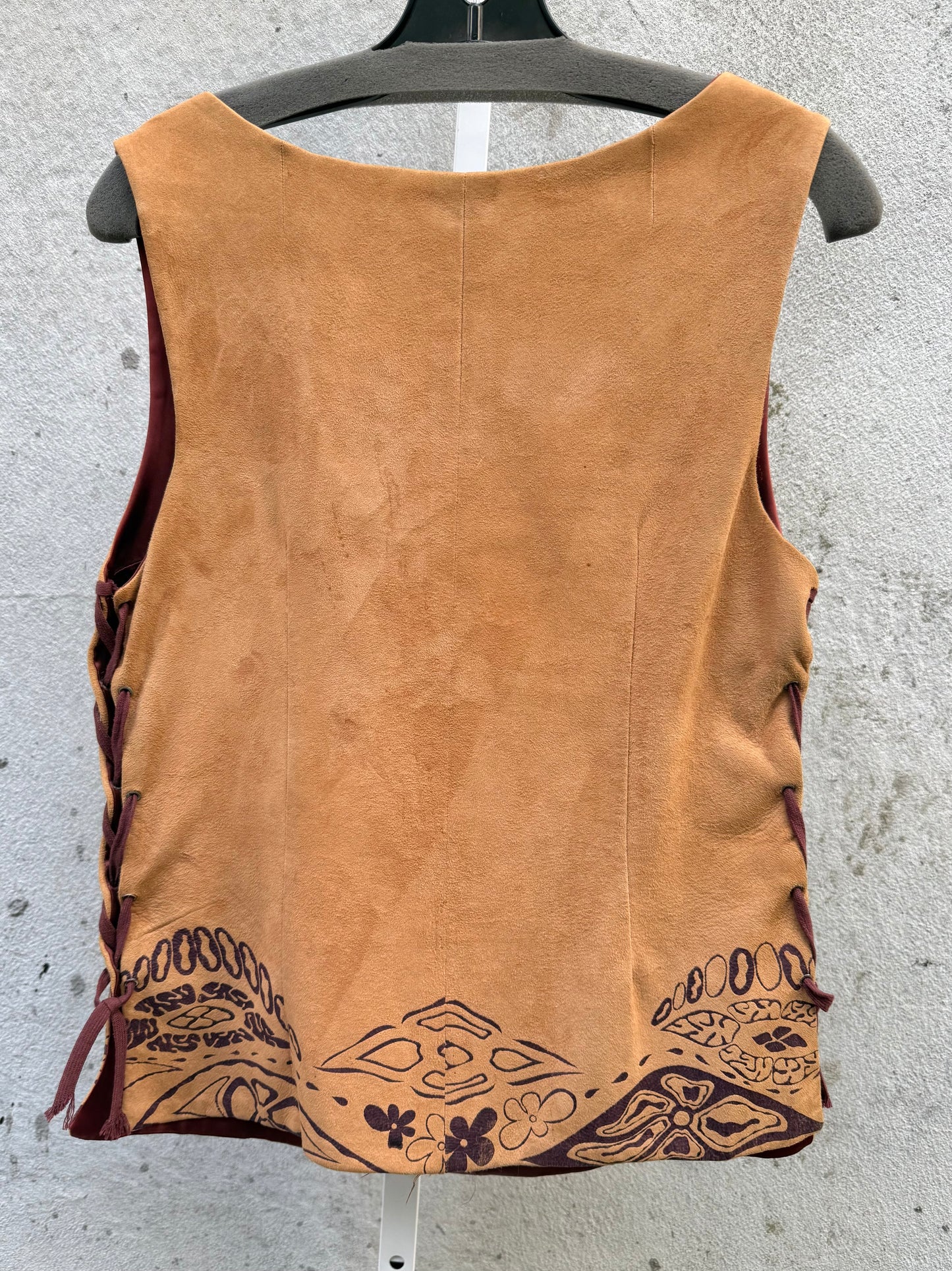 Tan Suede Burgundy Print Lace Up Tank