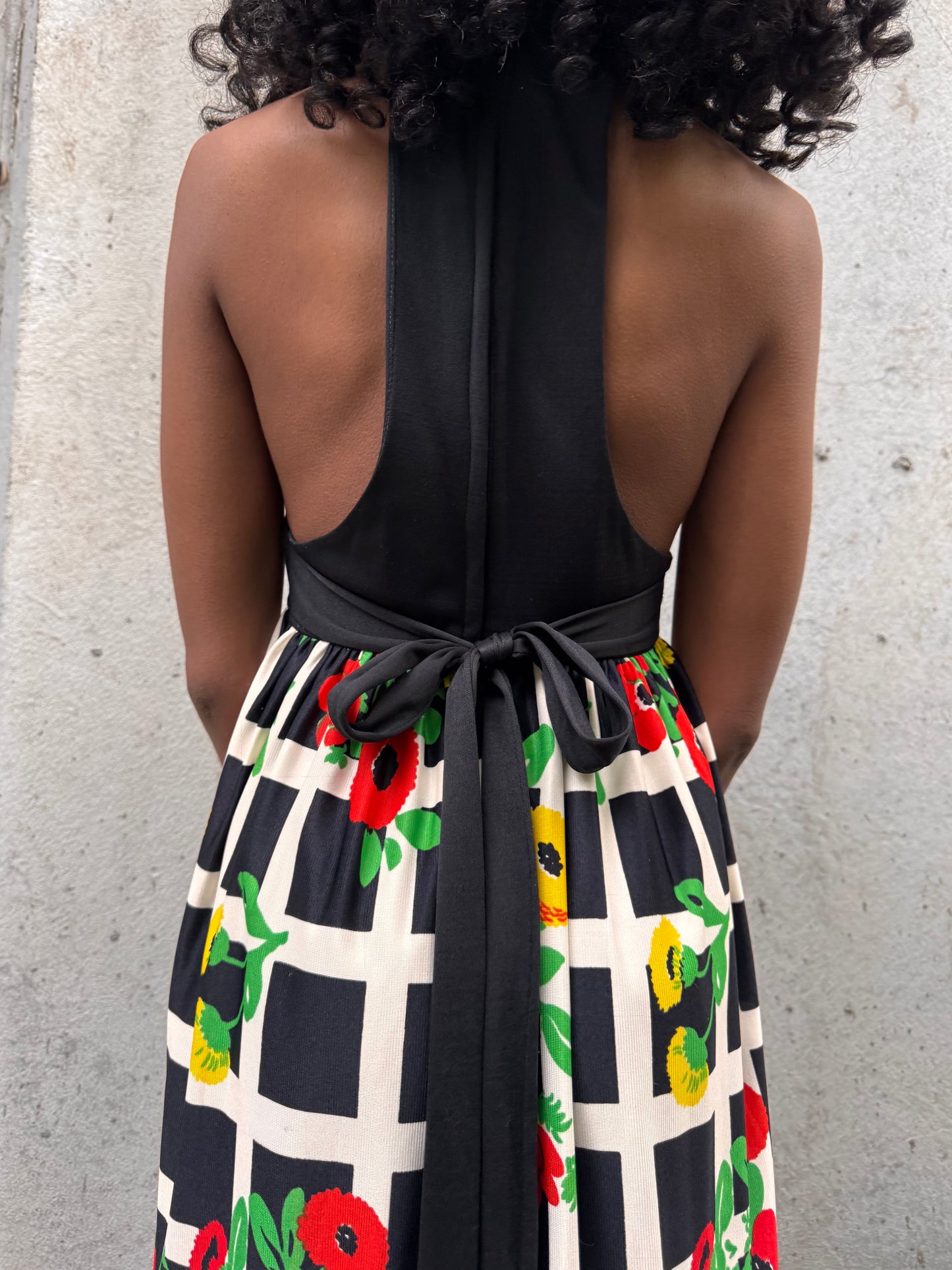1970s Black Red & Green Floral Halter-Like Dress