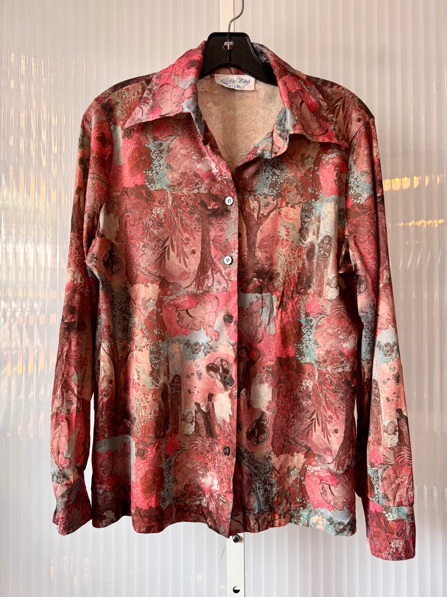 1970s Red & Brown Point Collar Button Up Shirt