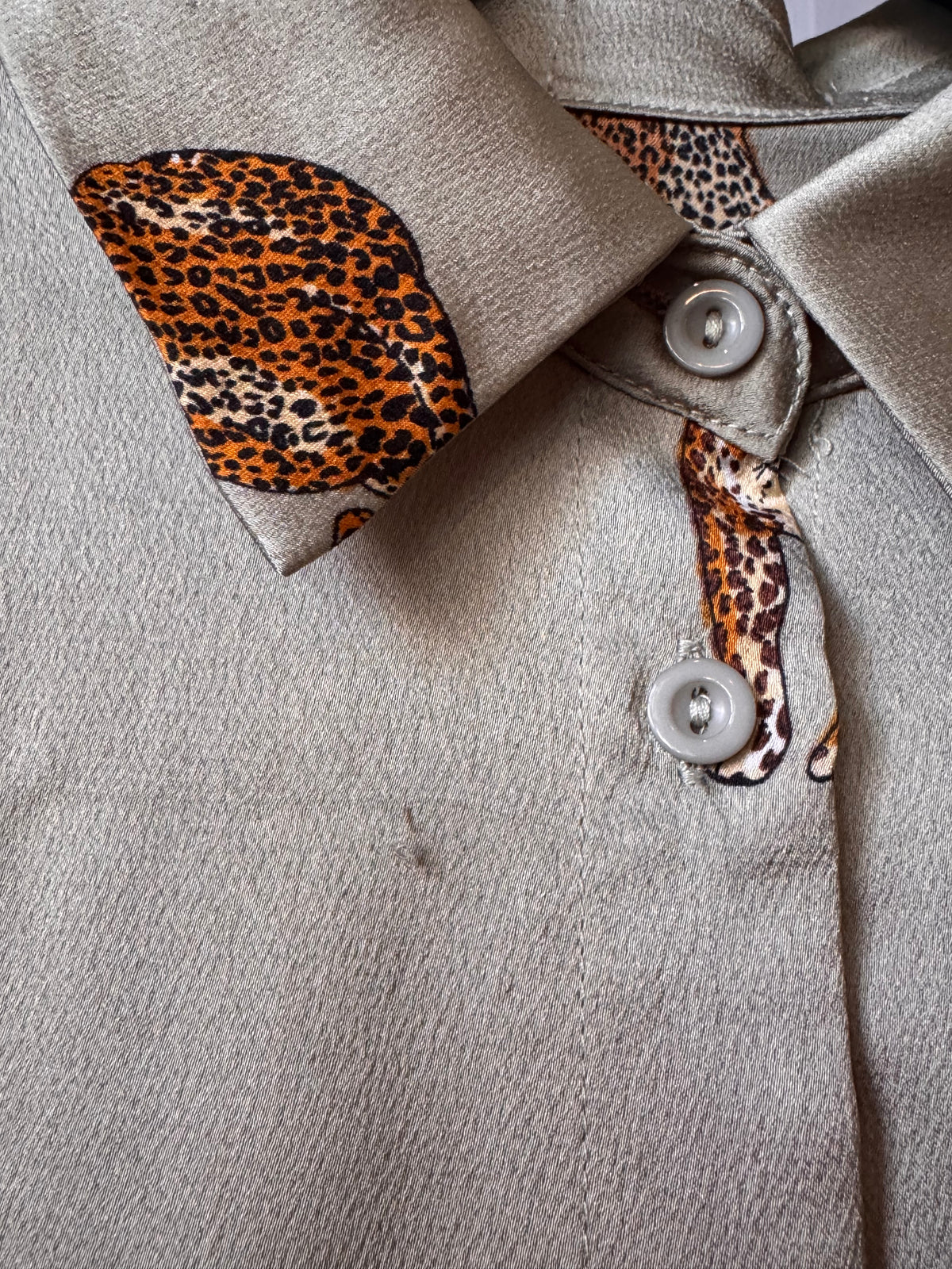 2000s Leopard Print Thyme Green Satin Blouse