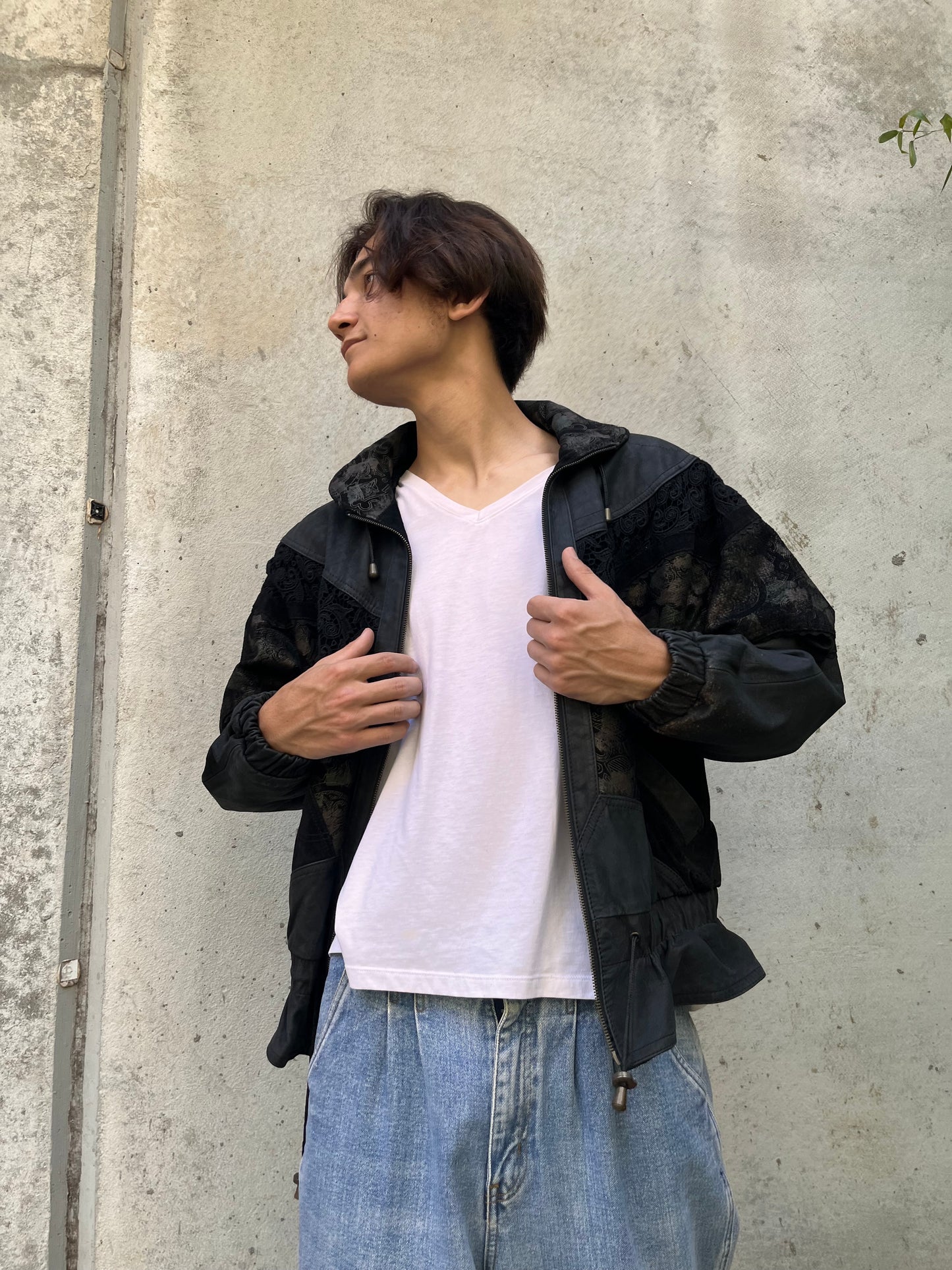 1980s Winlit Black Leather & Eyelet Lace Jacket