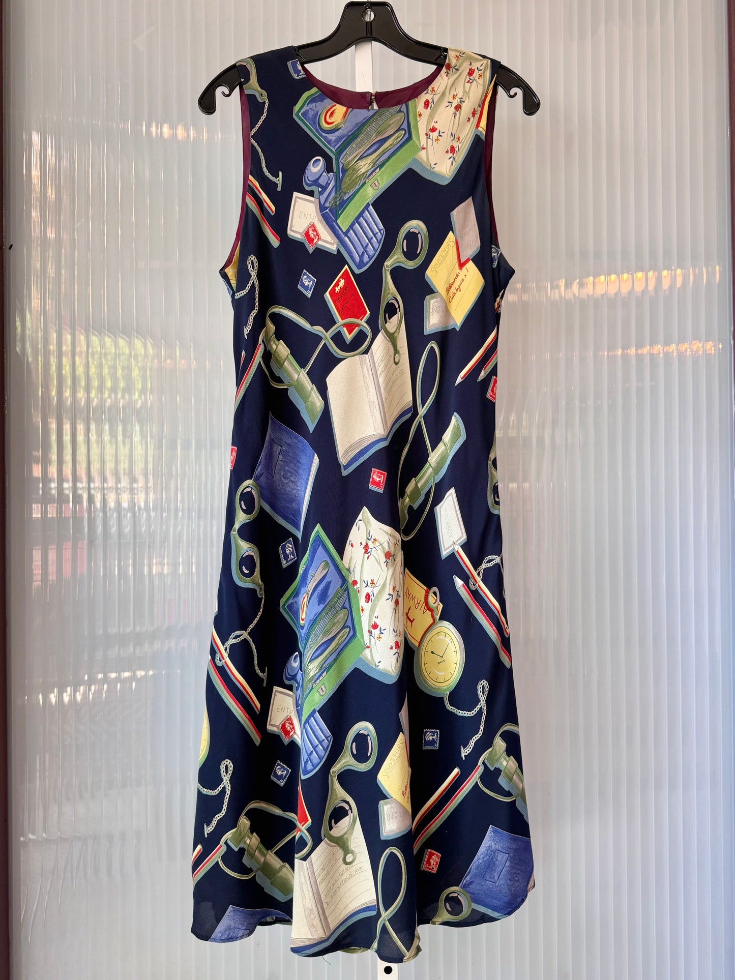1980s Travel Patterned Navy Blue Dress