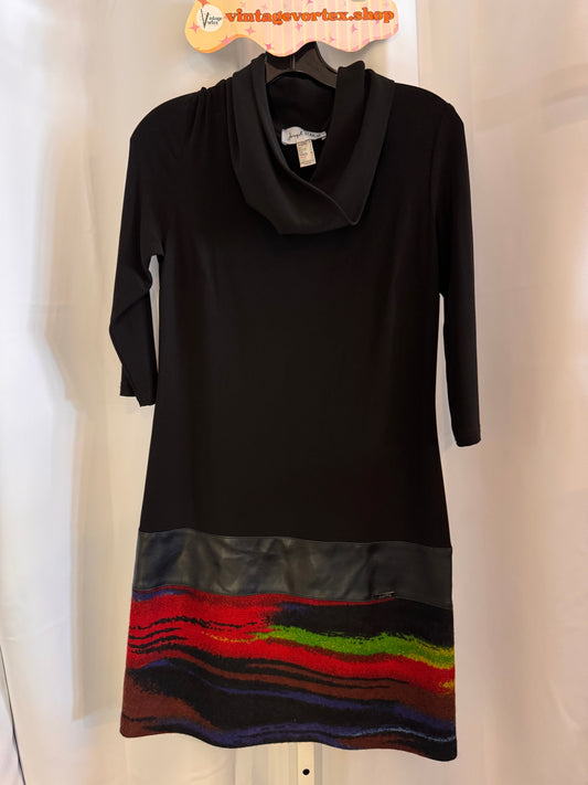 1990s Black & Multicolor Cowlneck Dress