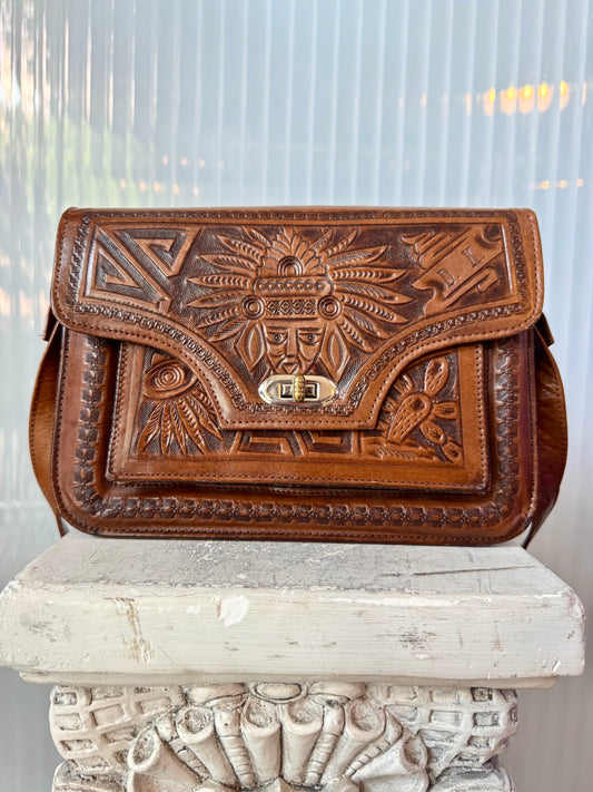 Mayan Design Brown Leather Crossbody Bag