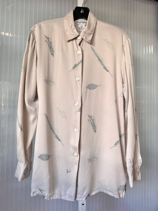 1990s Feather Pattern Taupe Button Up Blouse