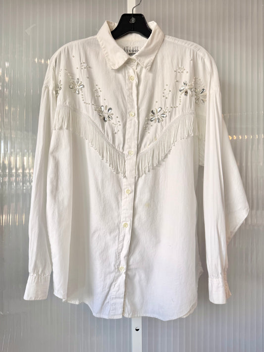 1990s White Fringed Western Button Up Shirt