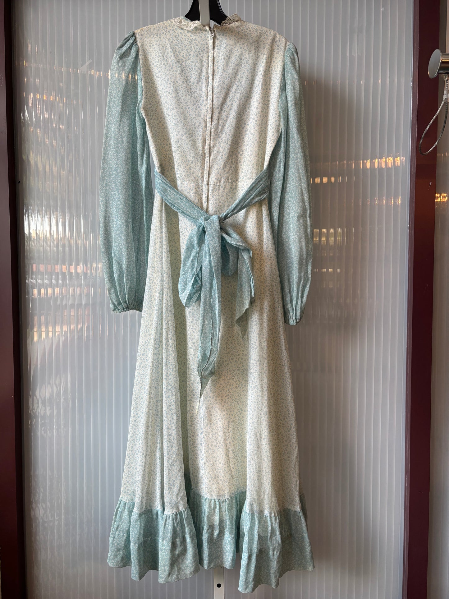 1970s Blue and White Floral Prairie Dress