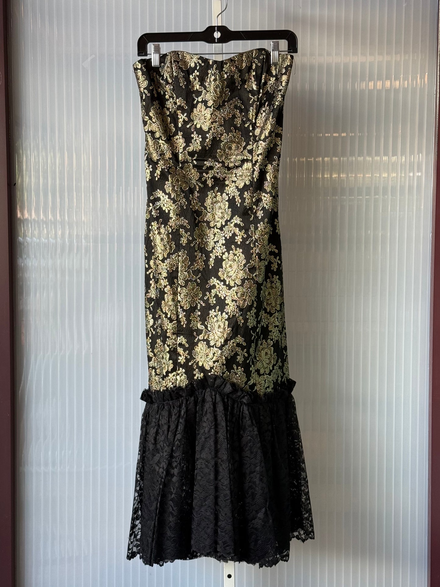 1980s Black & Gold Lace Strapless Evening Gown