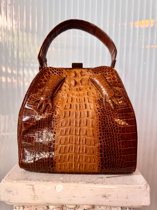 1940s Brown Alligator Skin Purse with Coin Pouch