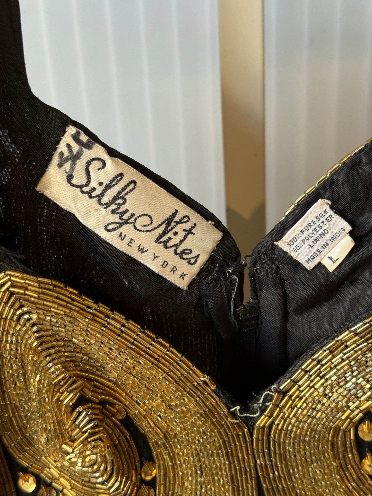 1980s Black Sequin Gown w/ Gold Beading