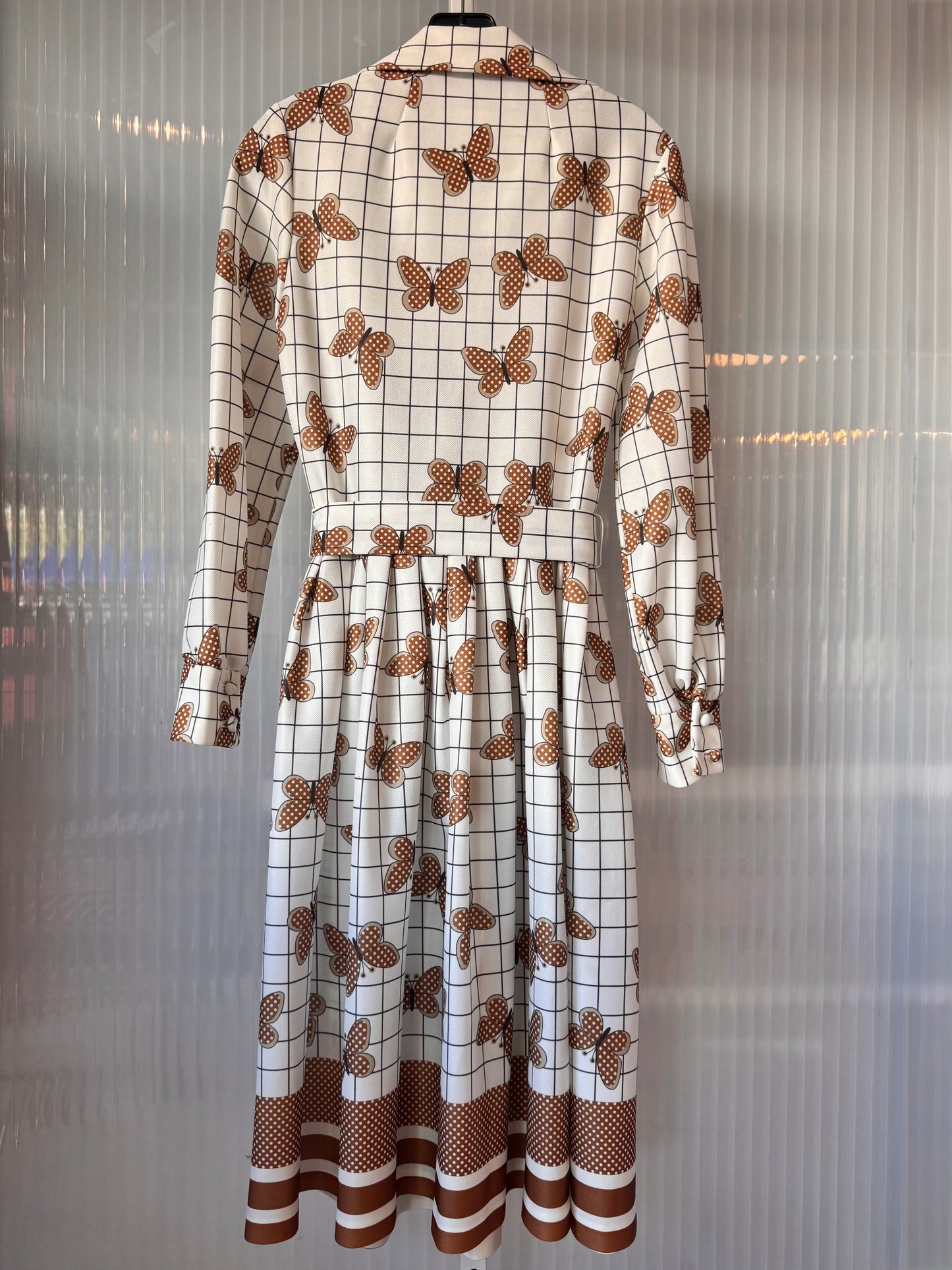 1970s White & Brown Butterfly Pattern Dress