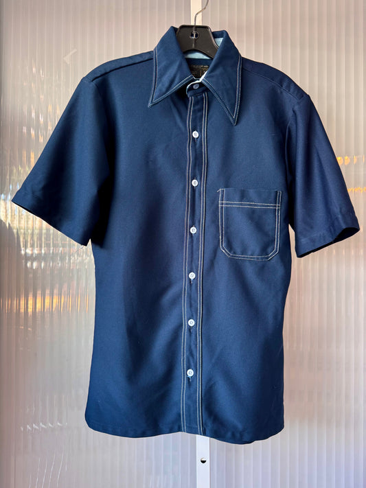 1970s Navy Blue Point Collar Button Up Shirt