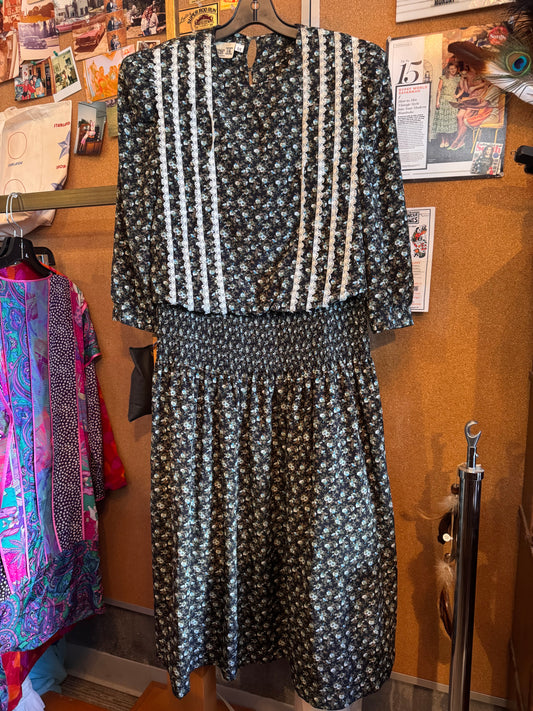 1980s Floral Shirred-Dropwaist Dress