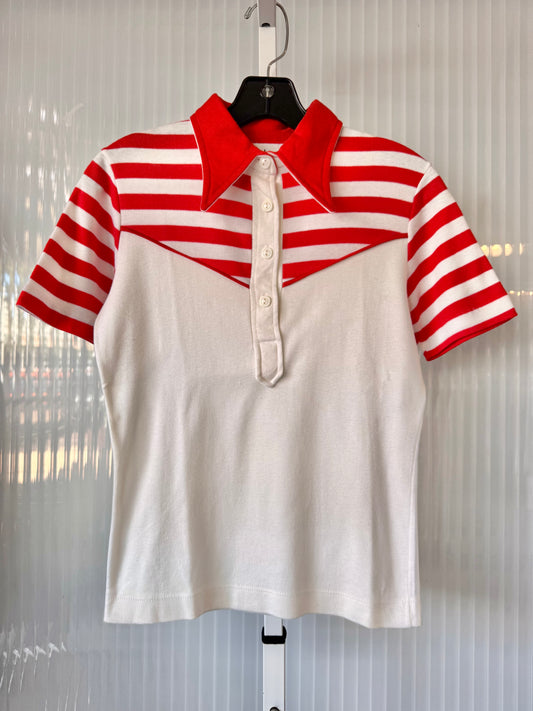 1990s White & Red Striped Point Collar Polo Shirt