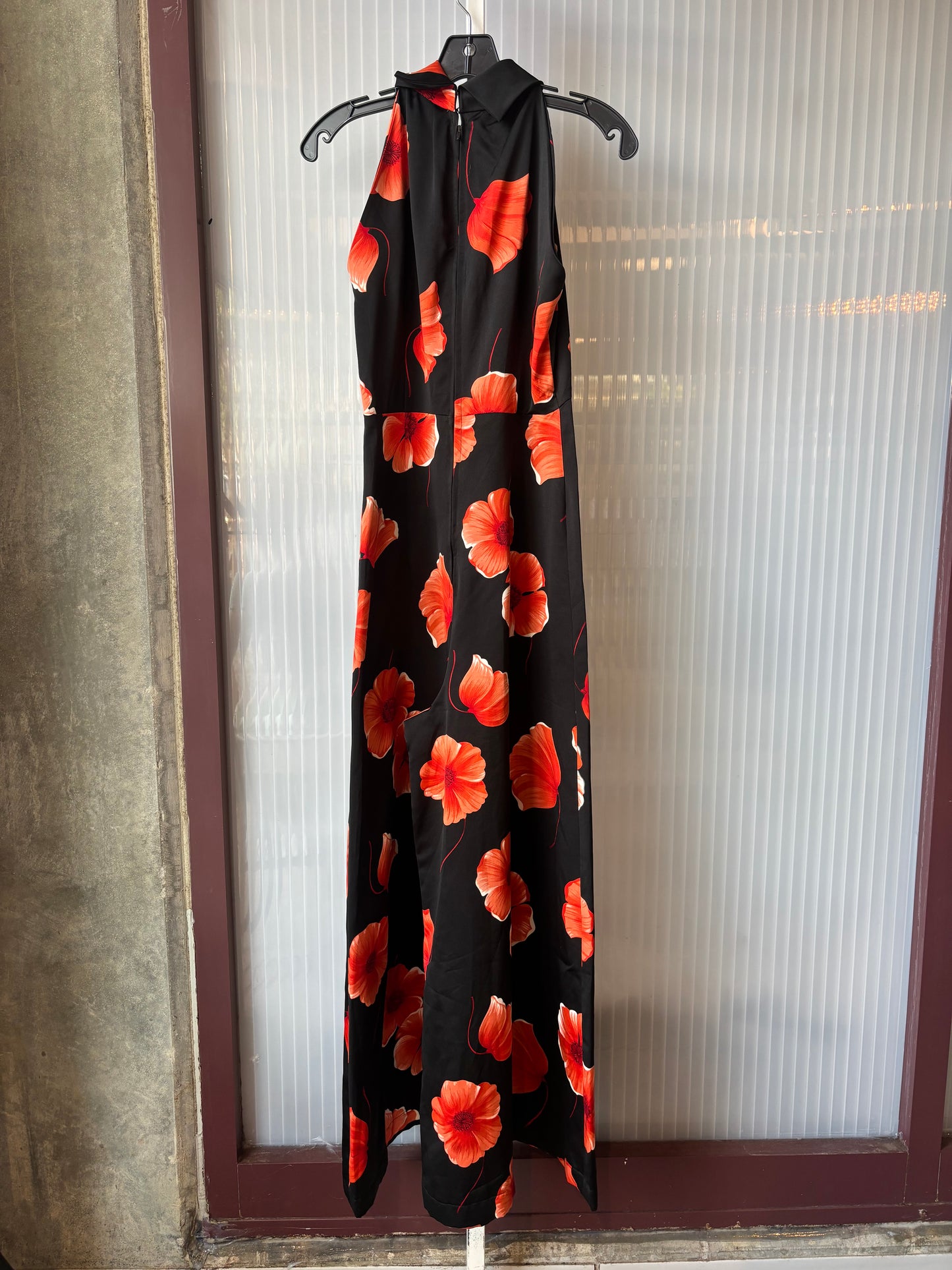 1990s Black Flare Leg Jumpsuit w/ Orange Poppy Print