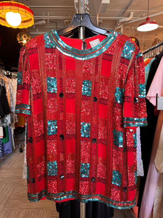 1990s Red & Teal Sequin Top