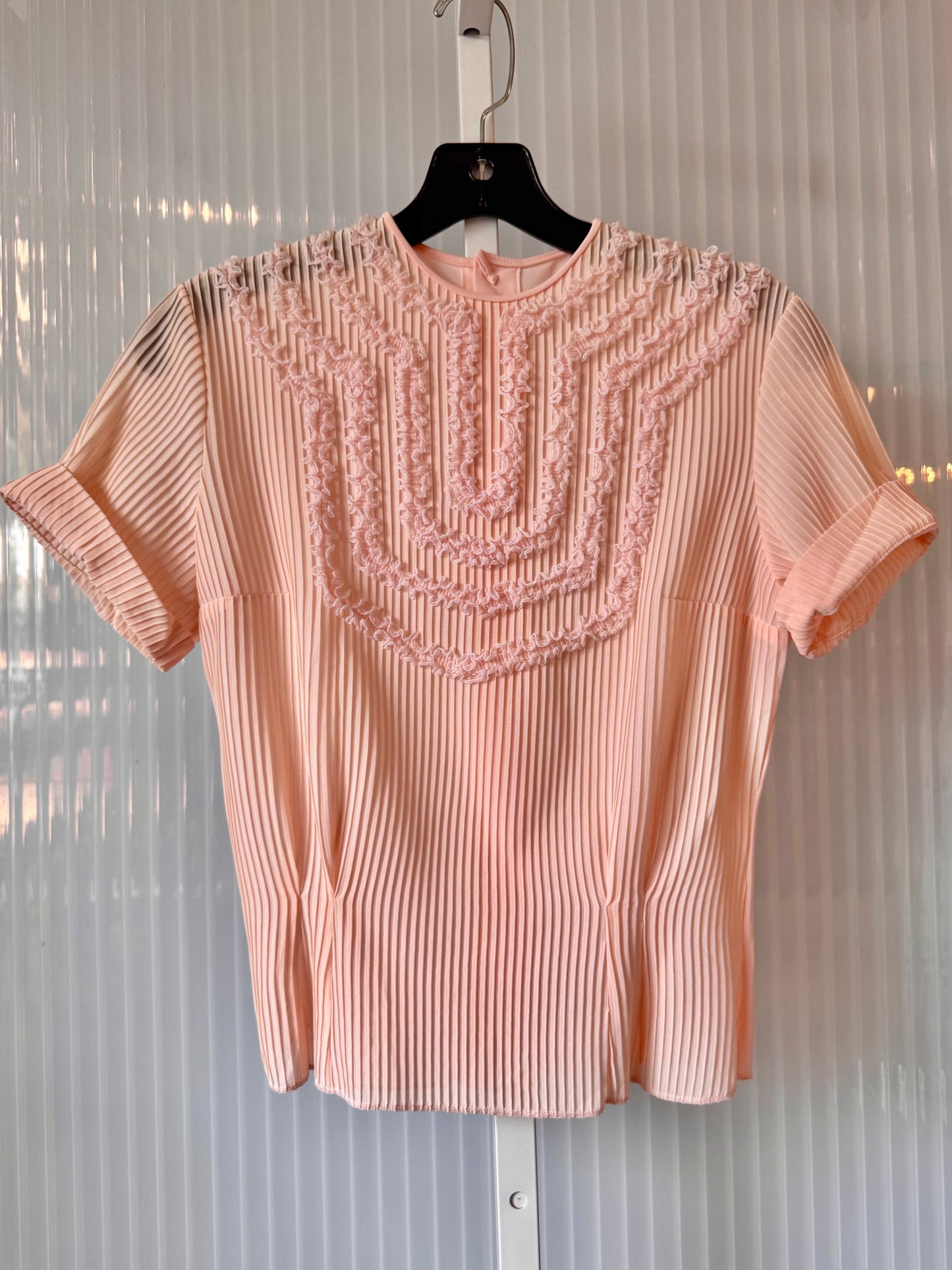 1960s Sheer Pink Ruffled Pin-tuck Blouse