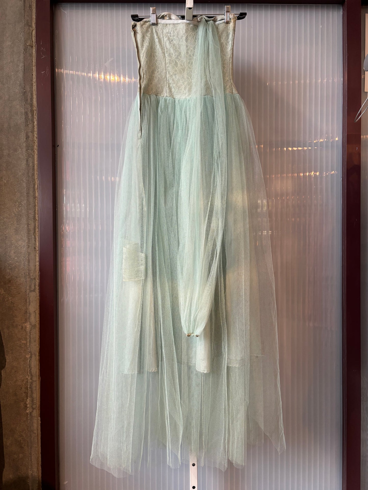 1950s Mint Blue Lace Net Floor Length Gown