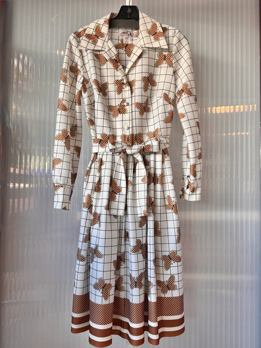1970s White & Brown Butterfly Pattern Dress