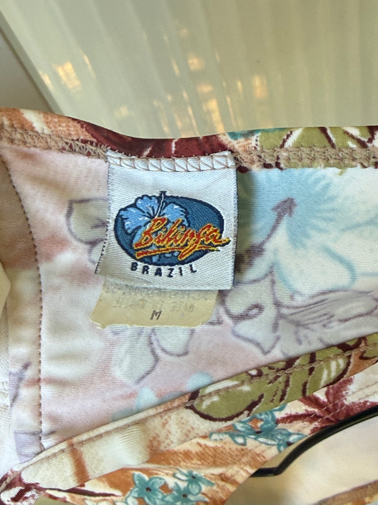 1990s Terracotta & White Bikini Set w/ Blue Hibiscus Print