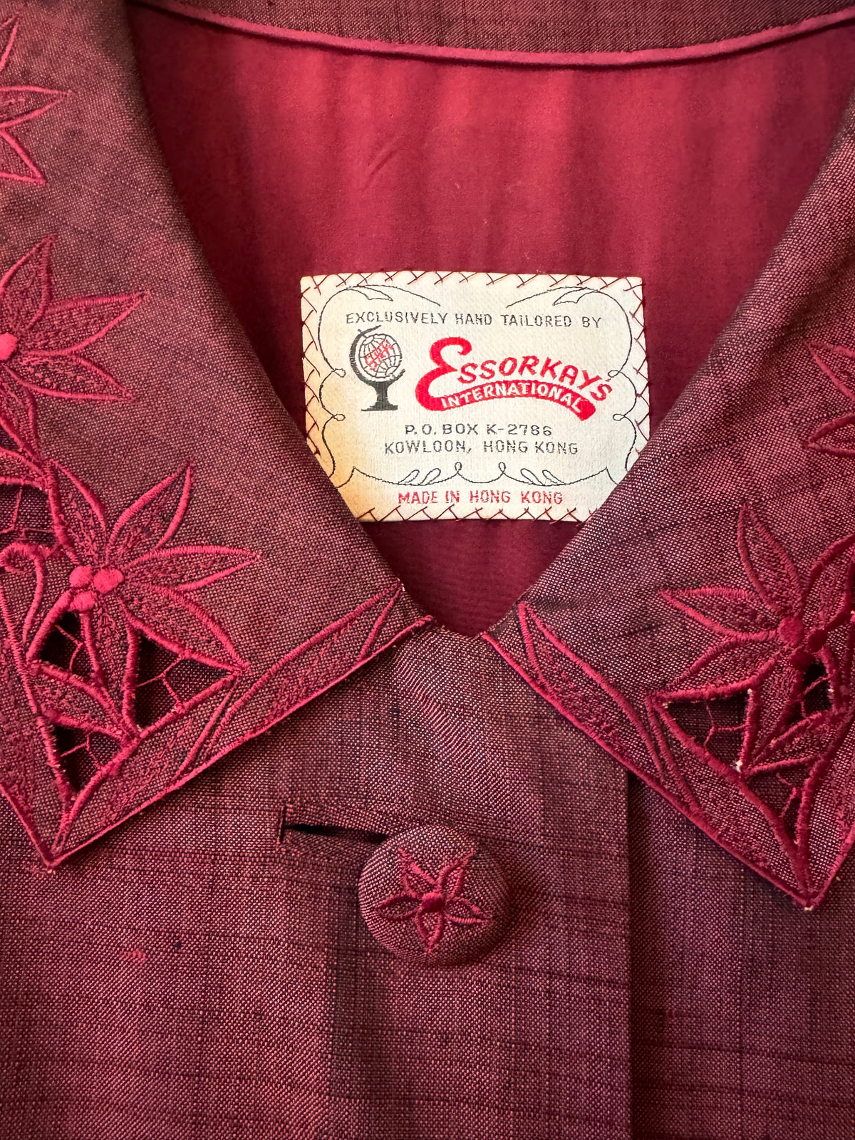1960s Burgundy Red Coat With Foliage Embroidered Collar
